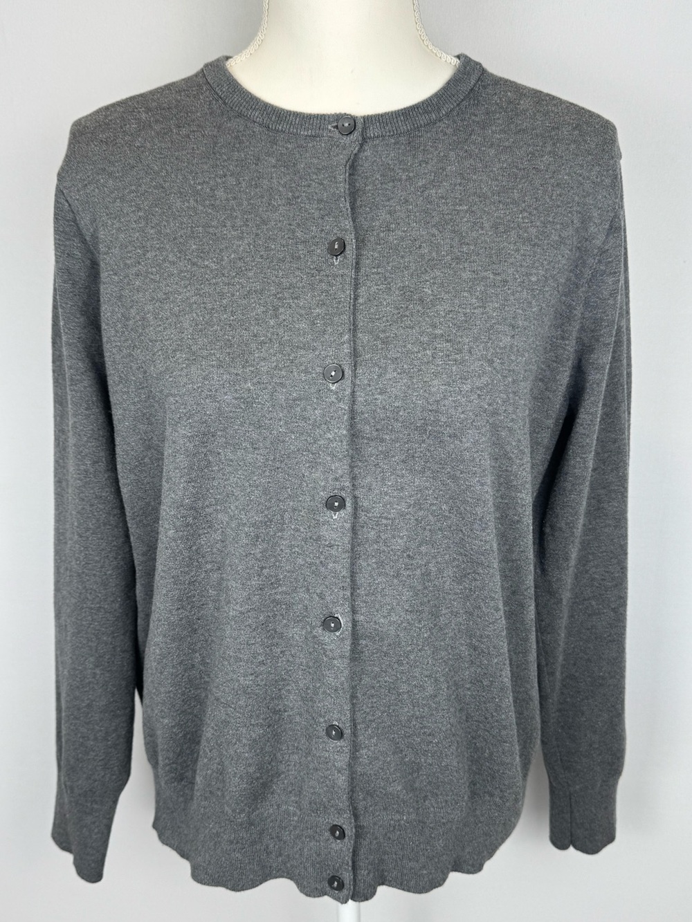 Lands End Fine Gauge Cotton Crewneck Cardigan Button Up Sweater Charcoal Grey Lg